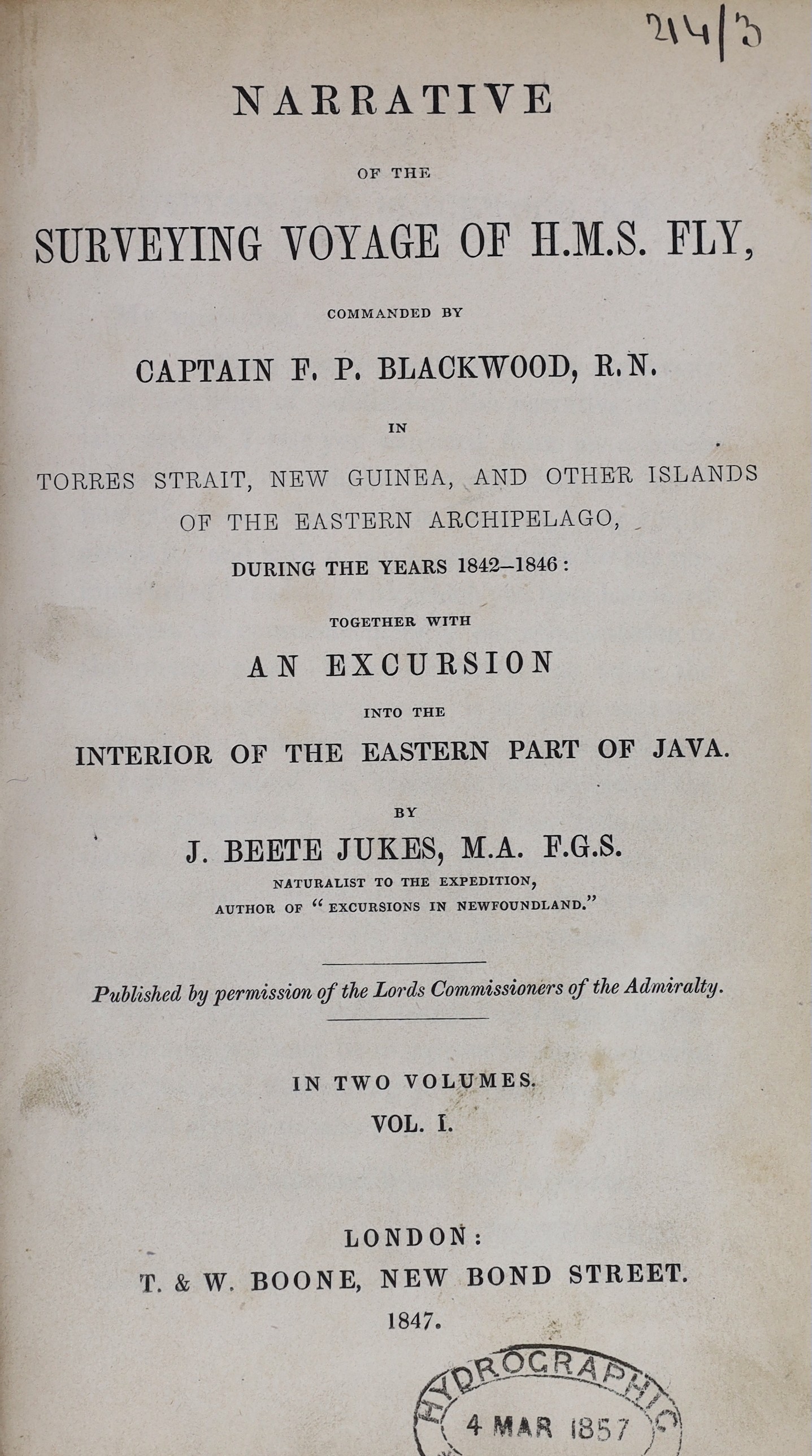 Jukes, Joseph Beete (1811-69) - Narrative of the Surveying Voyage of H.M.S. Fly, Commanded by Captain F.P. Blackwood, R.N. in Torres Strait, New Guinea, and Other Islands of the Eastern Archipelago, During the Years 1842